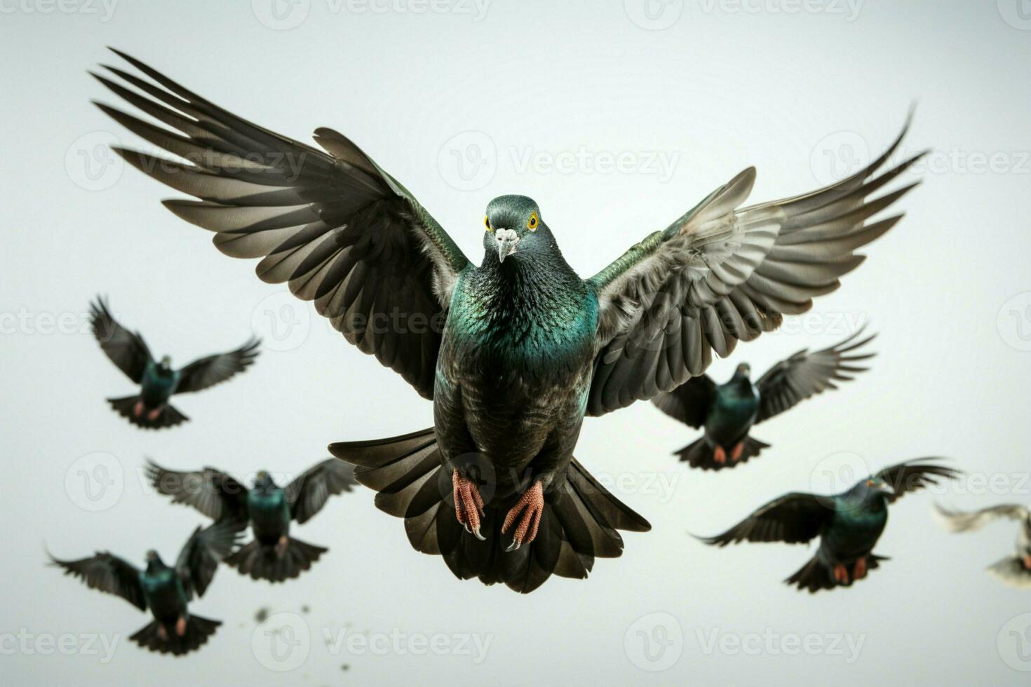 Clipping path included Pigeon flock in isolated flight against white AI Generated photo