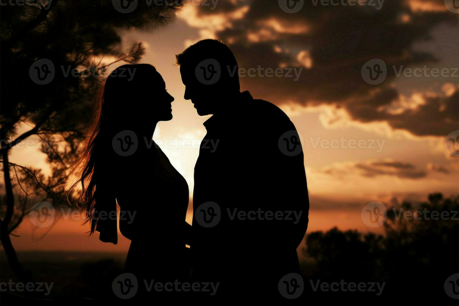 Evening skys backdrop frames serene couples touching silhouette scene AI Generated photo