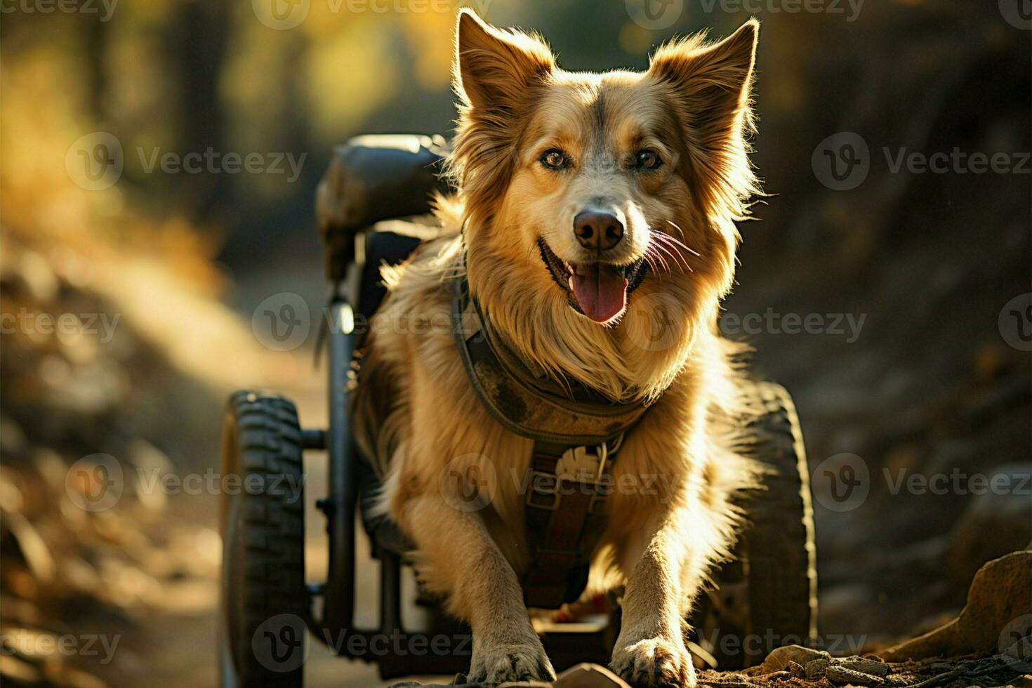 silla de ruedas ligado perro disfruta parque caminar, simbolizando fuerza y el calor de compañerismo ai generado foto