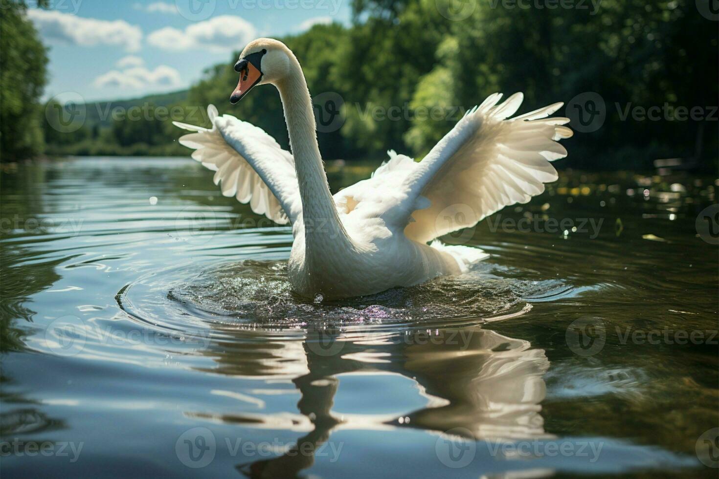 A serene summer day A swans graceful glide on a lake AI Generated photo