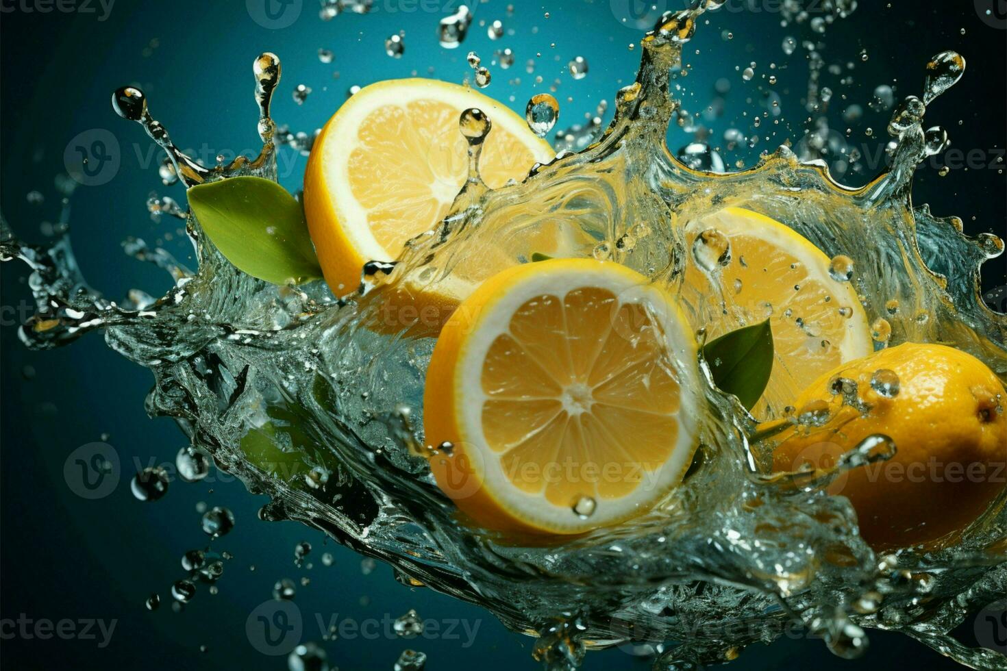 Dynamic ad shot, frozen moment of a lively lemon splash, brimming with freshness AI Generated photo