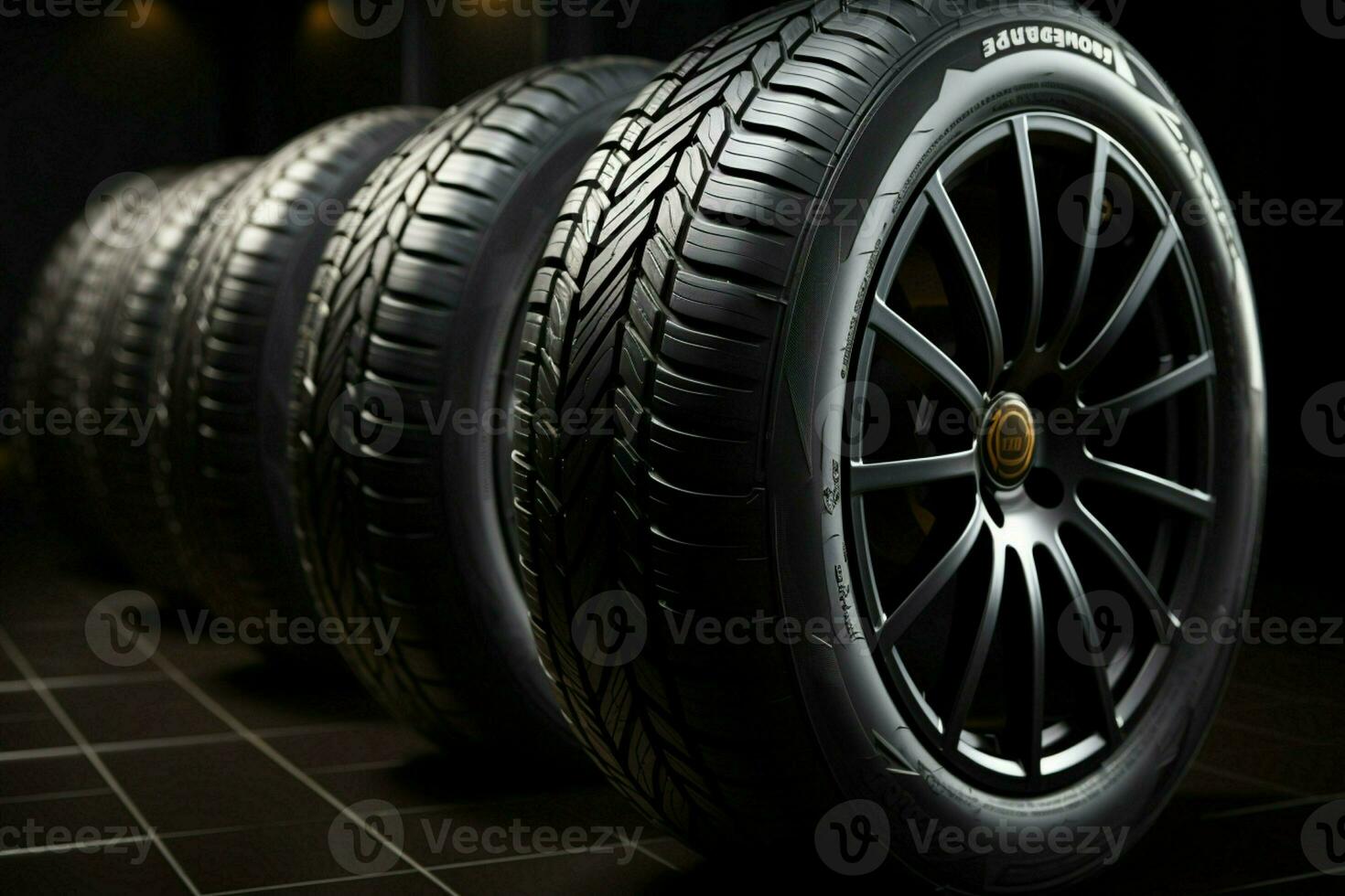 Sleek summer car tire collection on black, lit dramatically, shallow focus AI Generated photo