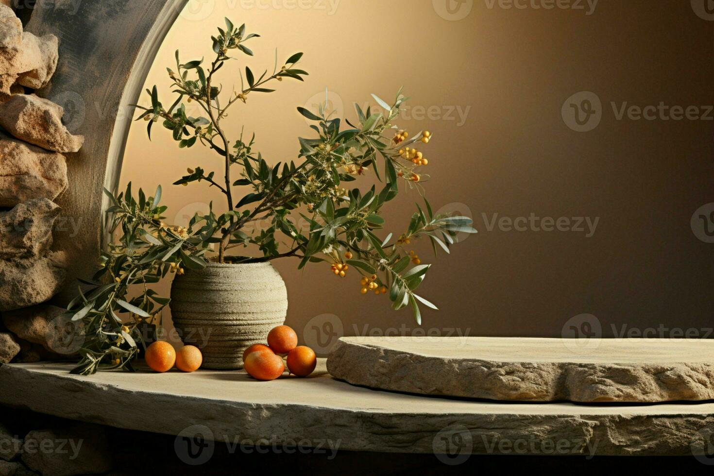 Serene arrangement, Stone, orange fruit, and olive leaves form an elegant mockup stage AI Generated photo