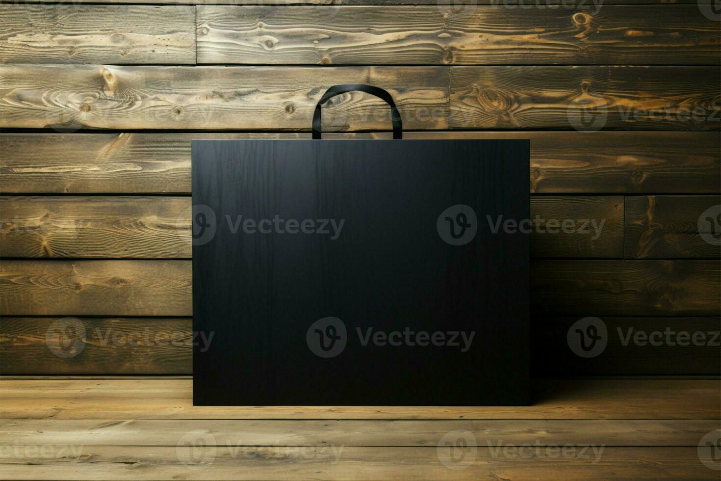 A black square paper contrasts against a rustic wooden wall AI Generated photo