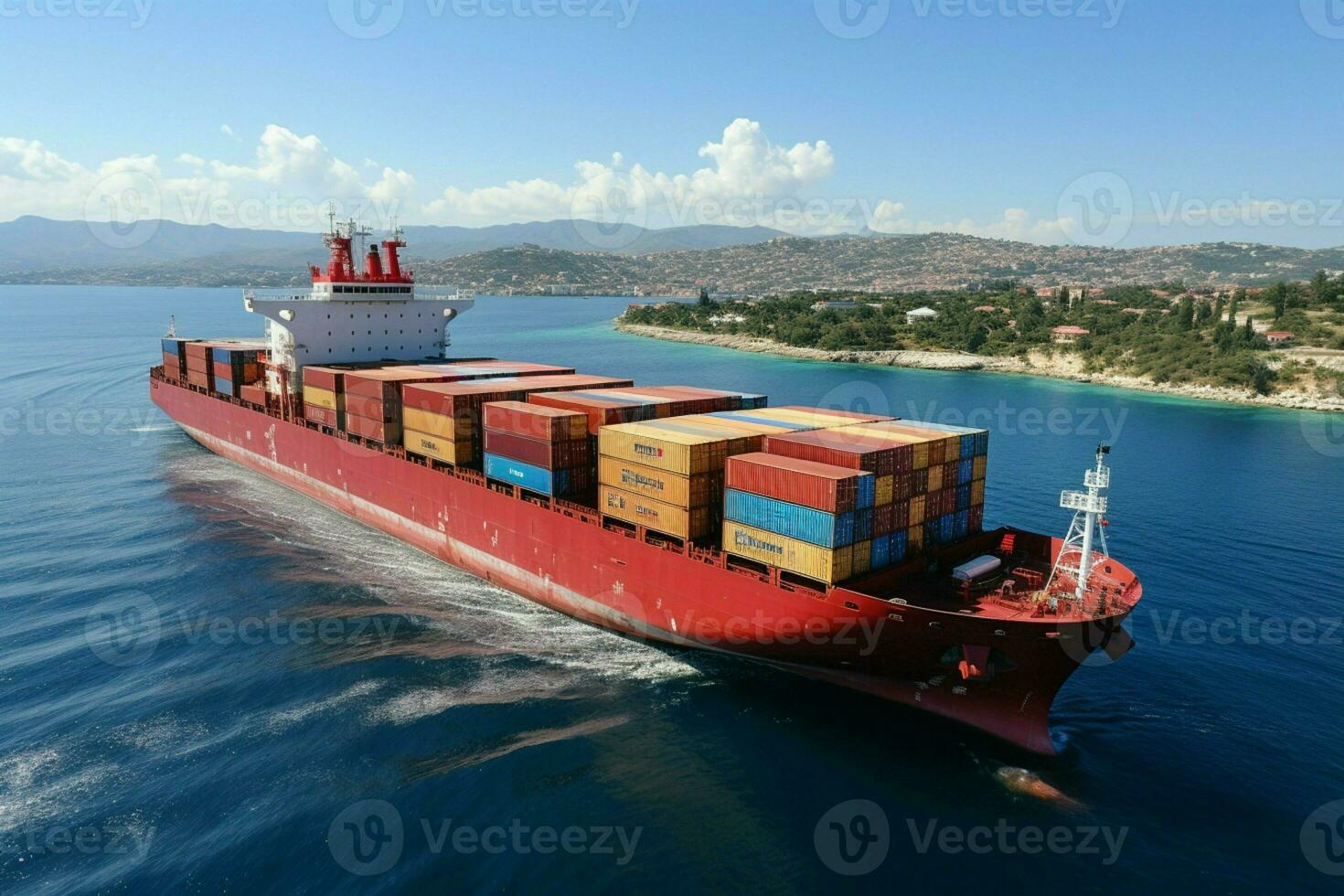 Top view container vessel embodies international freight trade in open sea panorama AI Generated photo