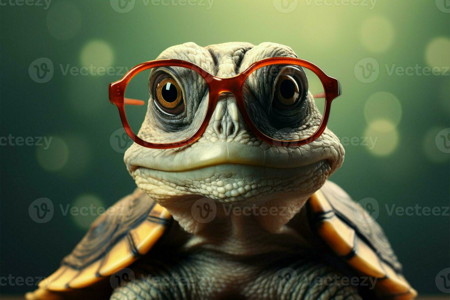 Cute turtle dons glasses, red wallpaper backdrop a smart, funny genius AI Generated photo