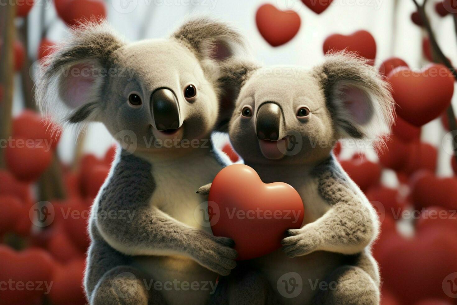 Adorable 3D koalas in love, hearts floating above in joy AI Generated photo