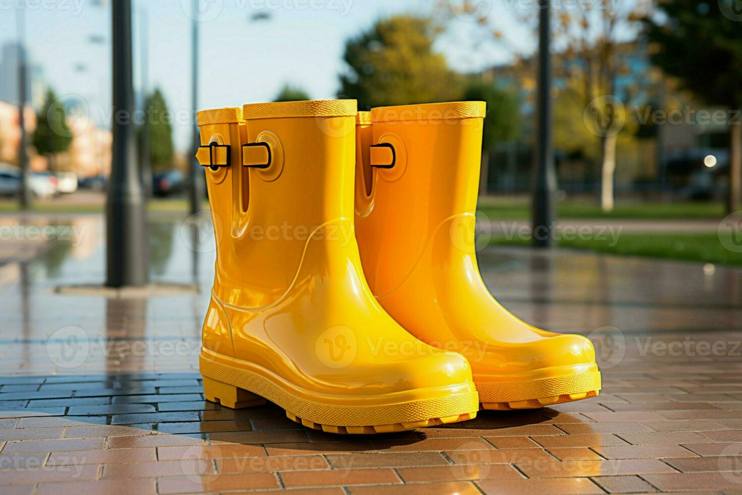 Functional style, Array of yellow rain boots highlighted on a white isolated background AI Generated photo