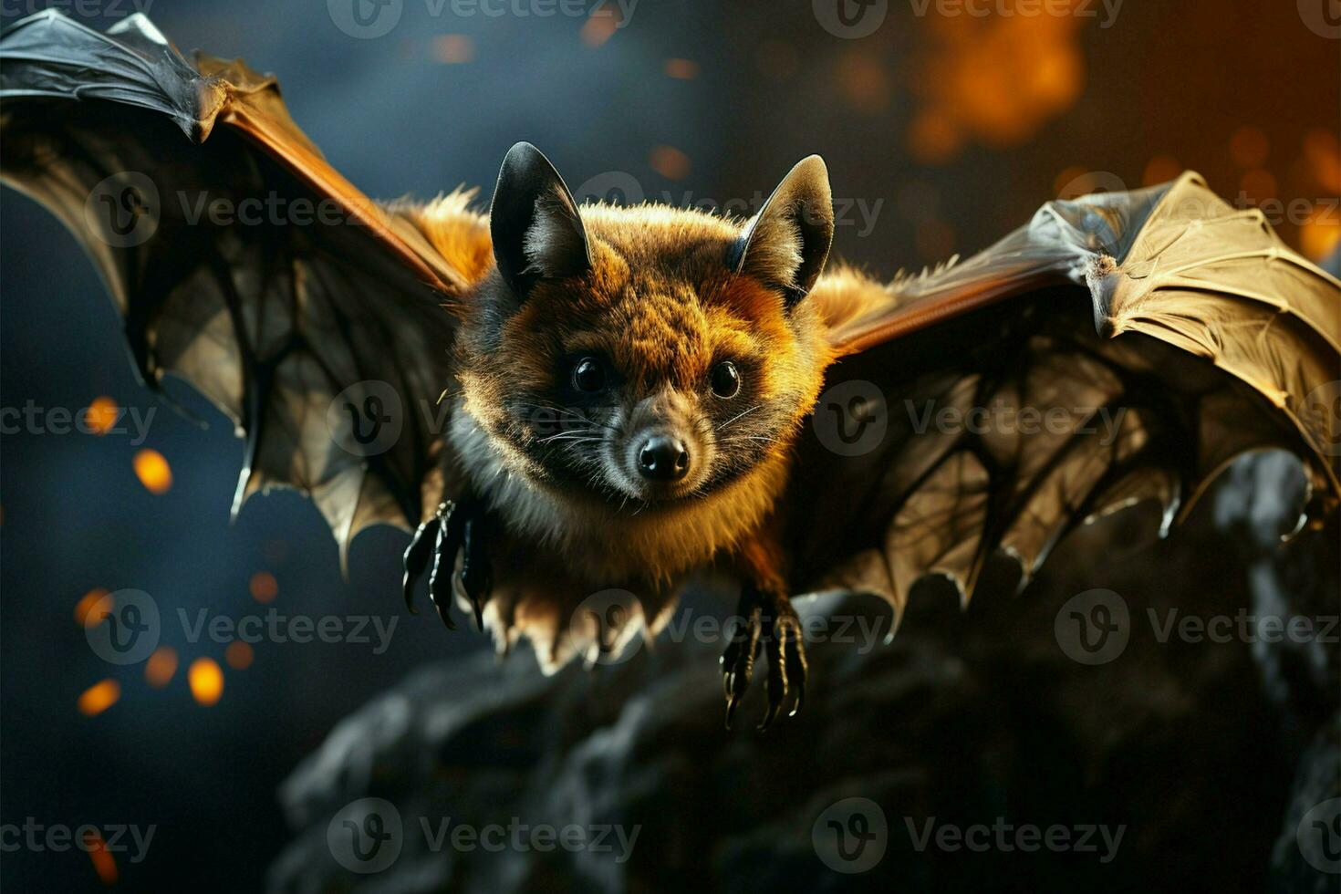 Twilight marvel, hanging flying fox epitomizes the mystical allure of nocturnal creatures AI Generated photo