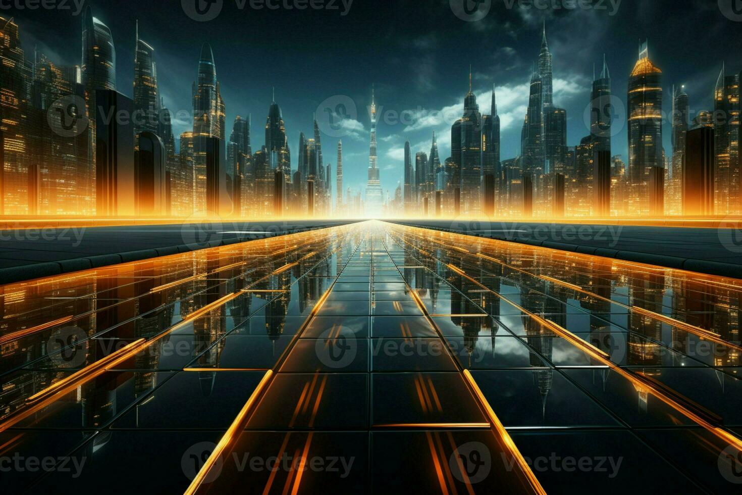 Luminous pathways grace modern building backdrop, an enchanting play of urban radiance AI Generated photo