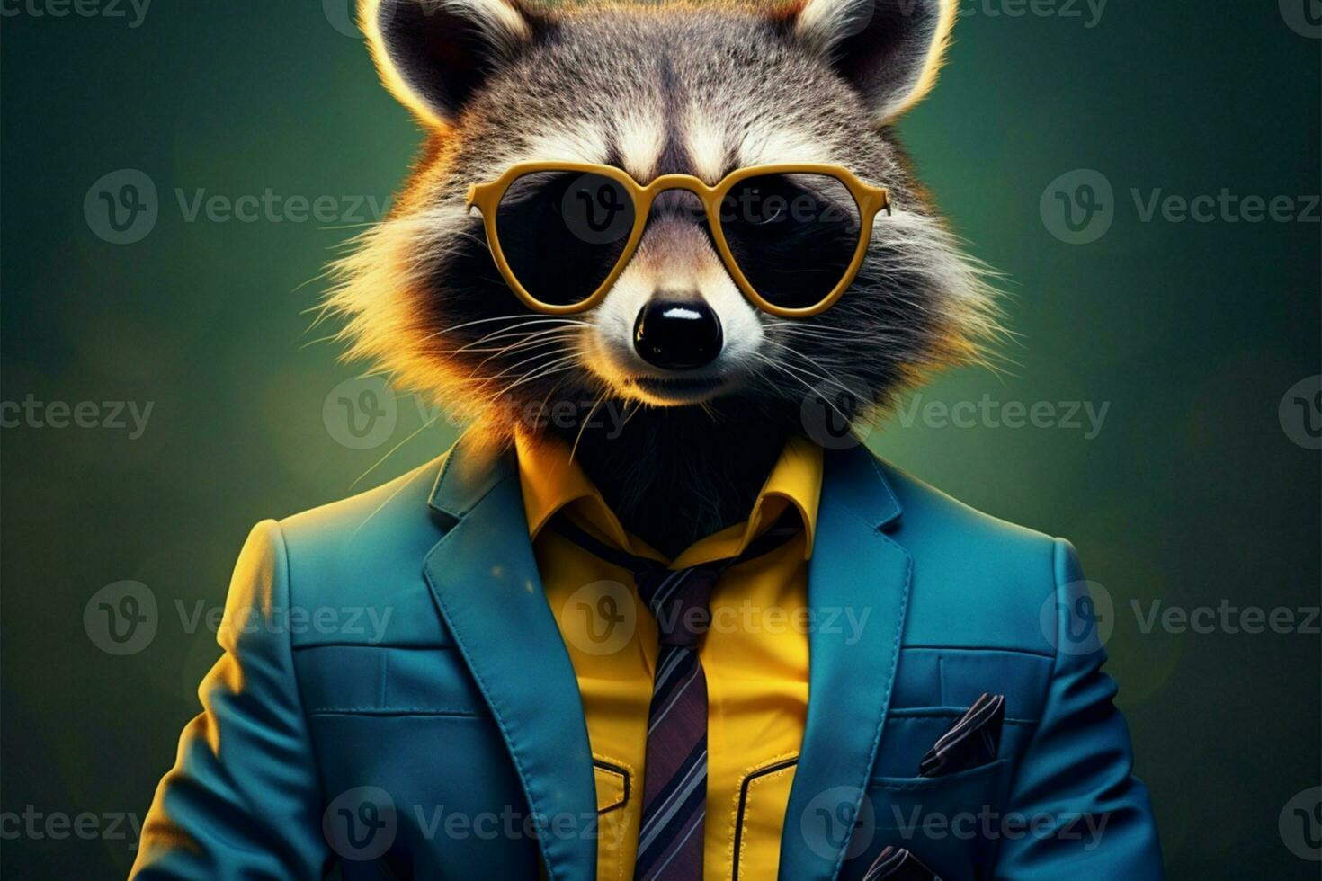 Blue suited raccoon character wears big glasses, oozing vintage hipster flair AI Generated photo