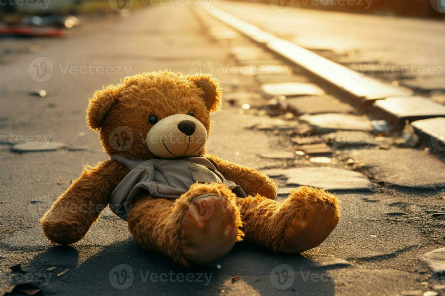 Lost teddy lies forsaken on the street, a heartrending sight AI Generated photo