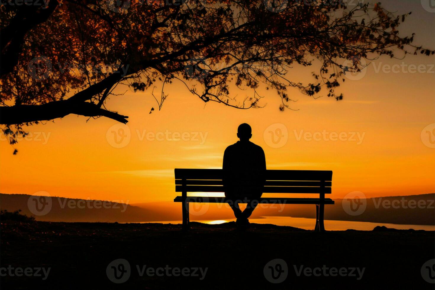 Sunset tranquility, Silhouetted man on bench exudes peaceful contemplation AI Generated photo