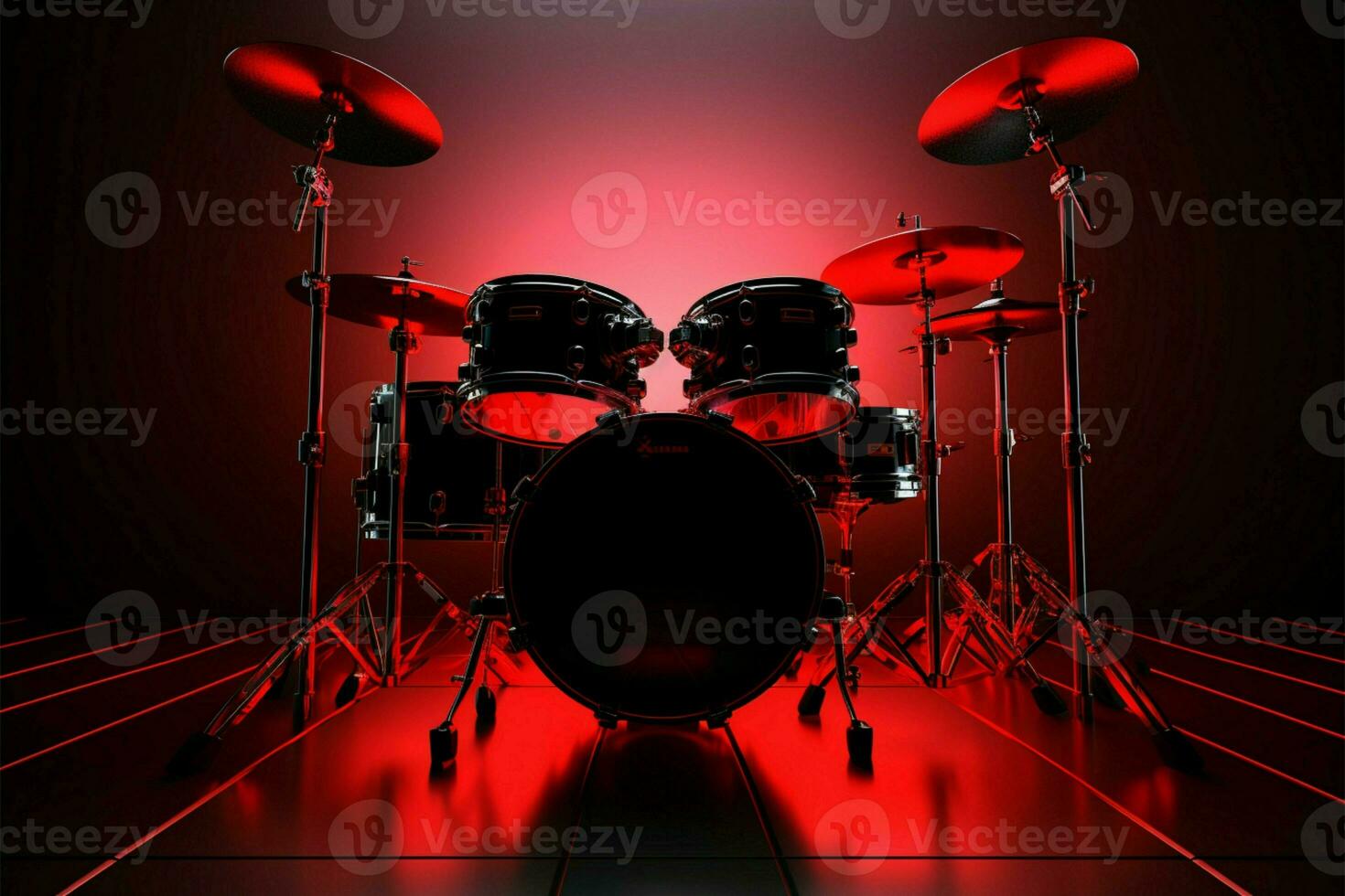 Professional rock drum kit with red backlight in a dark room, 3D rendering AI Generated photo