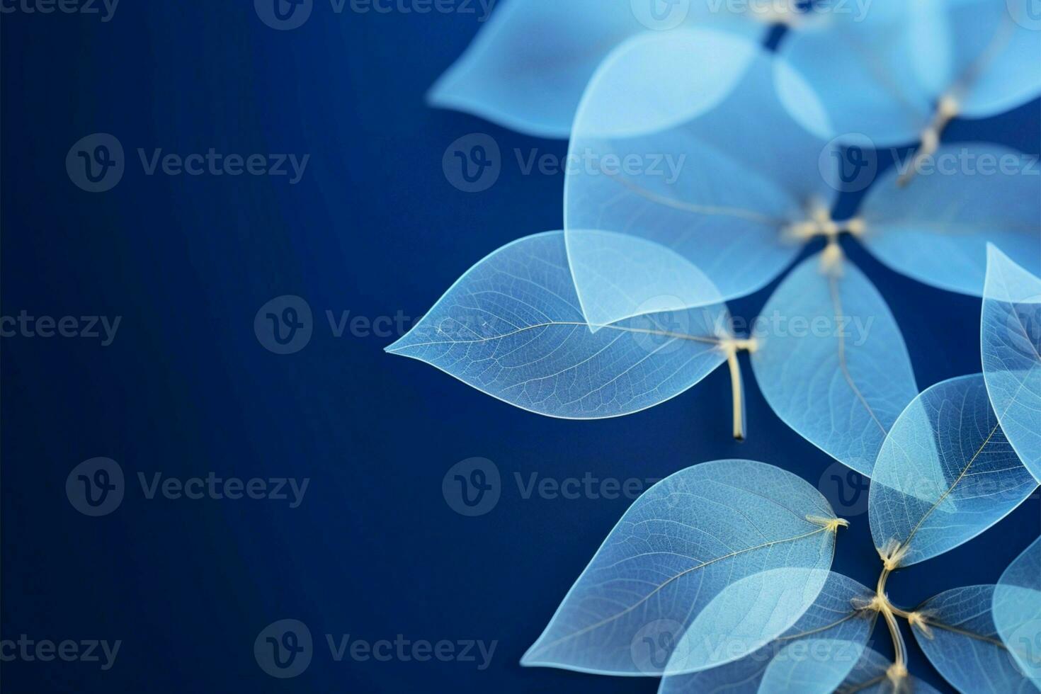 Artistic blue background with skeleton like leaves and pale blue accents AI Generated photo