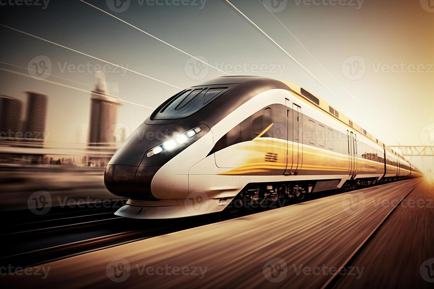 High-speed train in motion against a cityscape backdrop, photo
