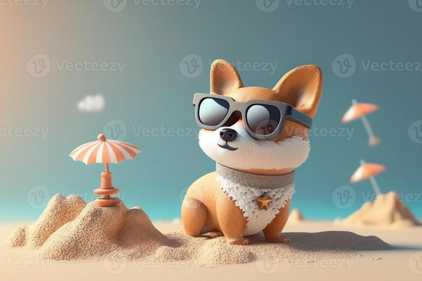 Cute 3D Cartoon Dog with Sunglasses Enjoying Summer on the Beach, photo
