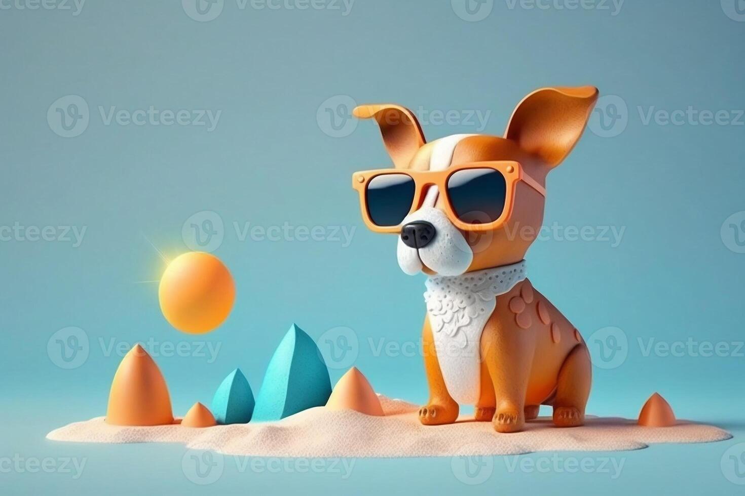 Cute 3D Cartoon Dog with Sunglasses Enjoying Summer on the Beach, photo
