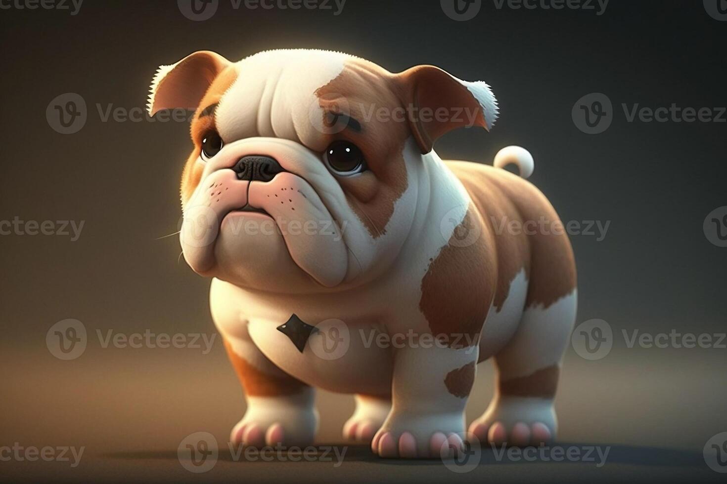 Cute 3d cartoon bulldog on dark background, photo