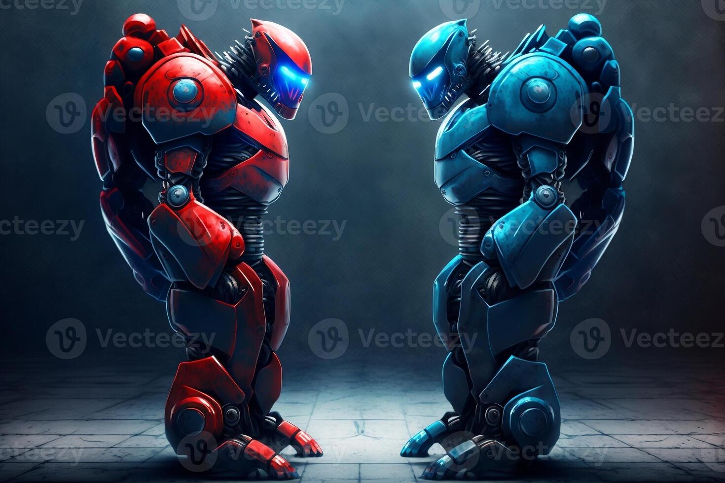 Two futuristic robots engage in conversation, one blue and one red, photo