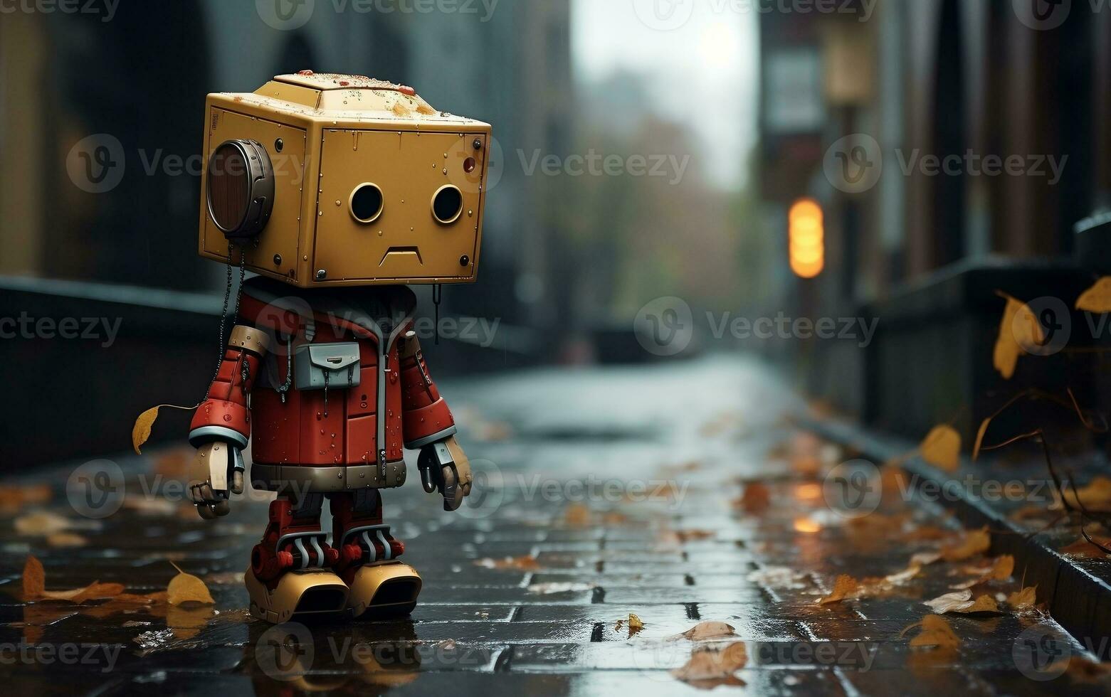 A super cute robot strolls down the street in an illustration, Generative Ai photo