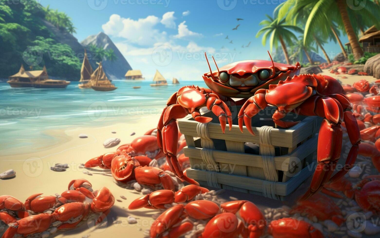Crabs picking up cans on the beach, a fairy tale, Generative Ai photo