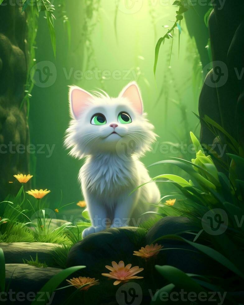 A beautiful white cat looking down with a worried expression, Generative Ai photo