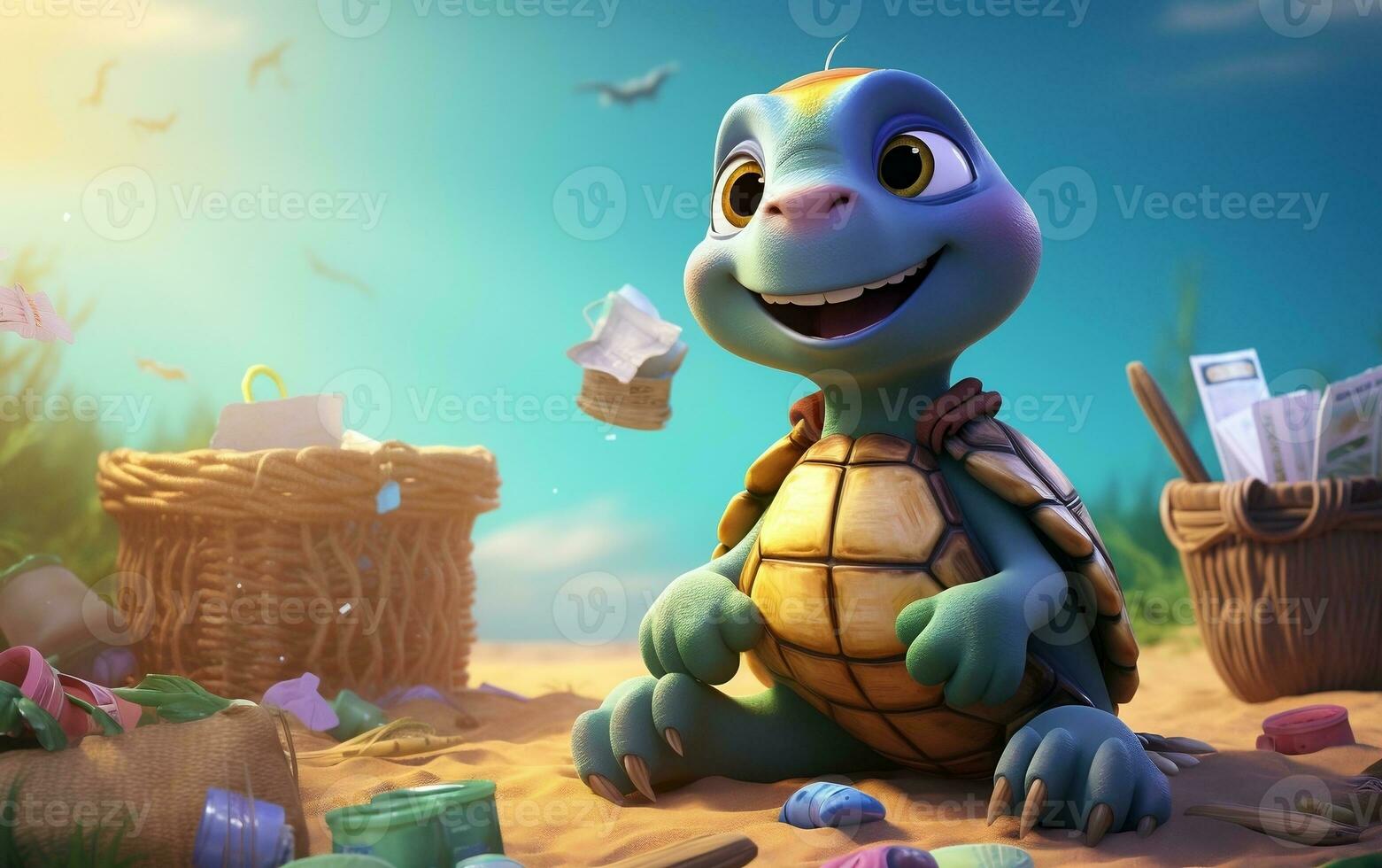 Turtles picking tissues next to trash bin, Generative Ai photo
