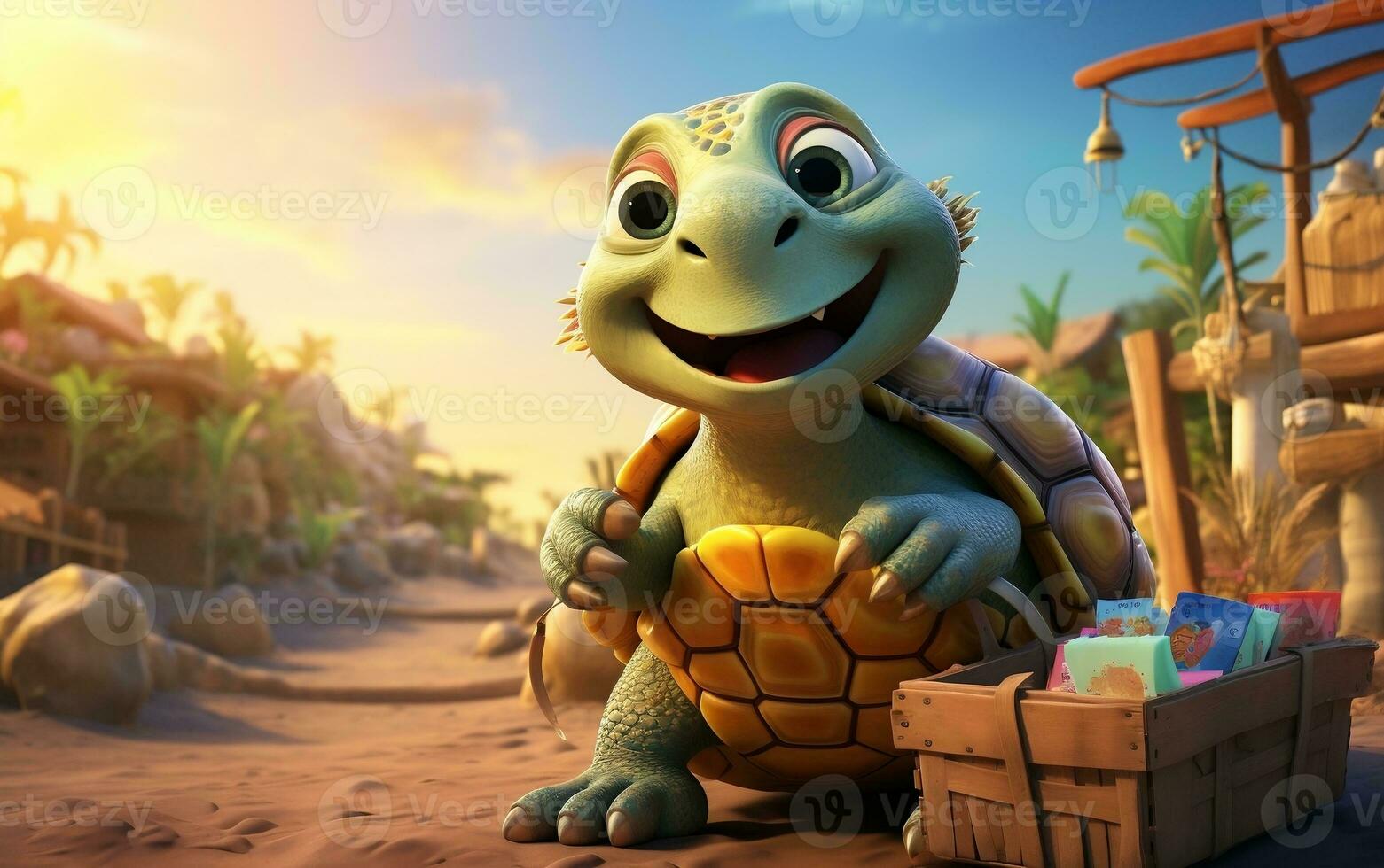 Turtles picking tissues next to trash bin, Generative Ai photo