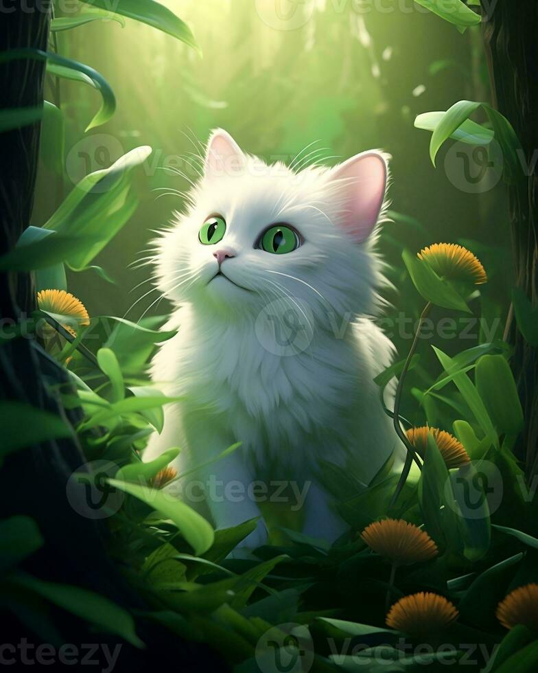 A beautiful white cat looking down with a worried expression, Generative Ai photo