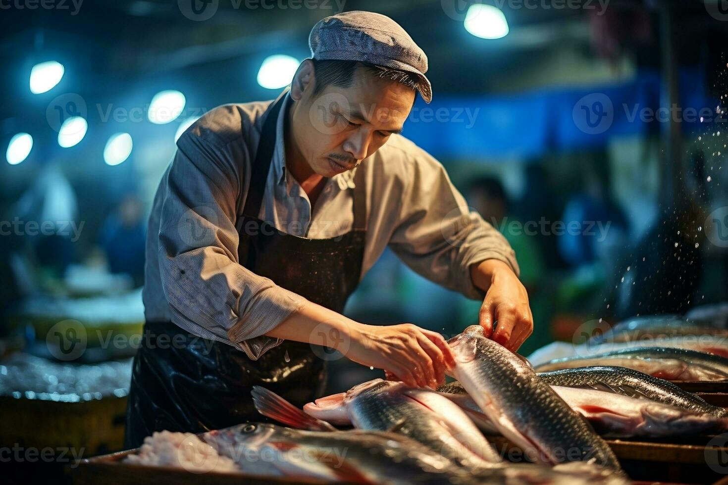 Fishmonger Handling Fish at Market, Generative AI photo