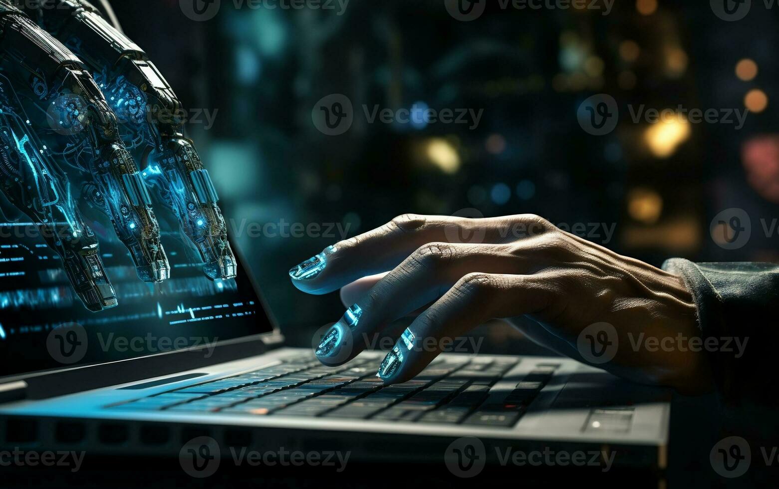 Robot Operating Laptop with Hand Inscription. Generative AI photo