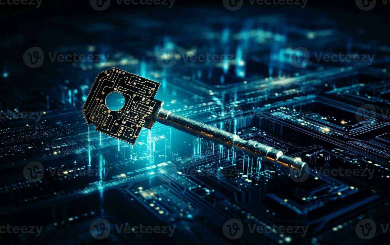 Blue Digital Key on Dark Coding Language. Generative AI photo