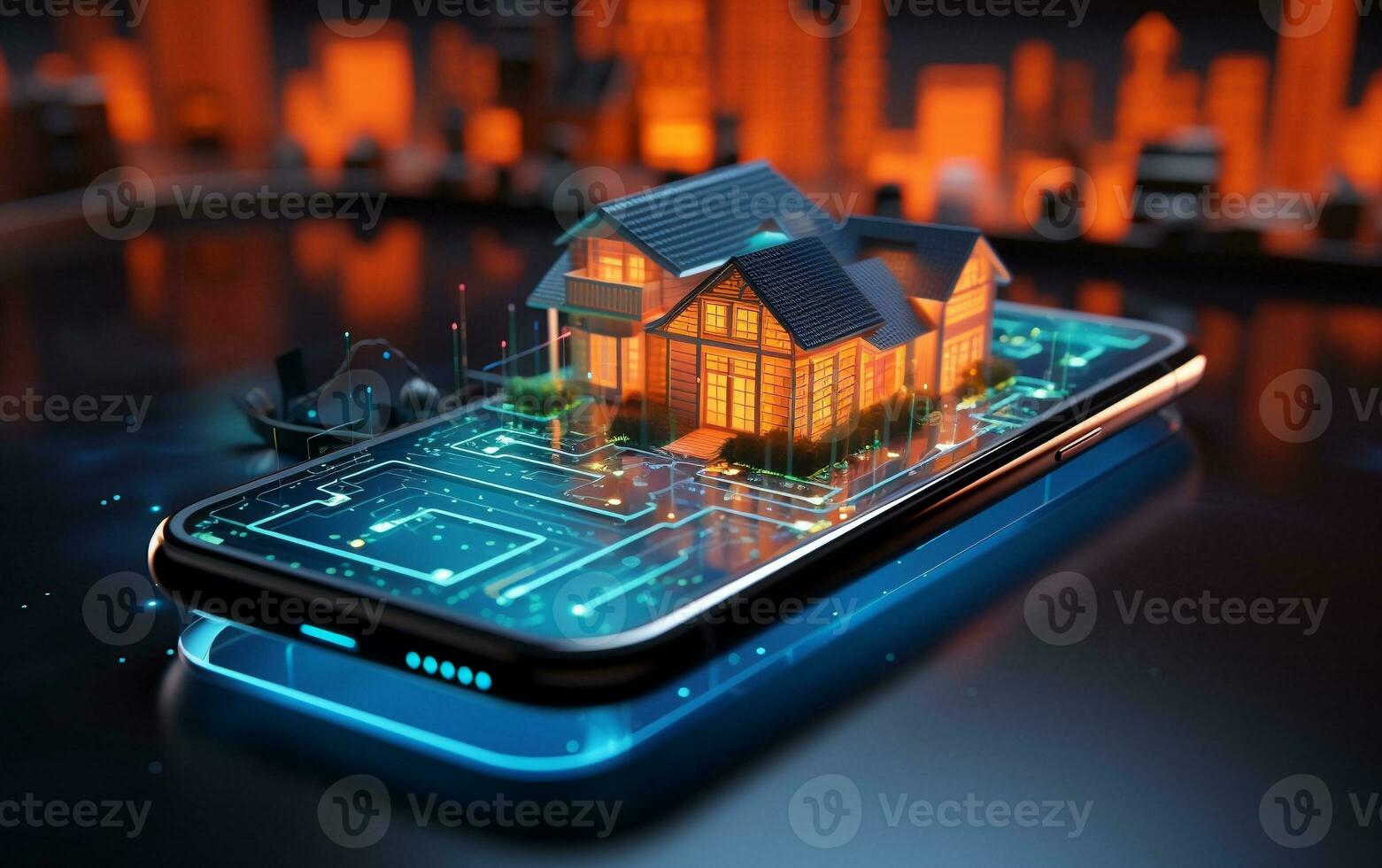 Futuristic Phone with House Icon on Background. Generative AI photo