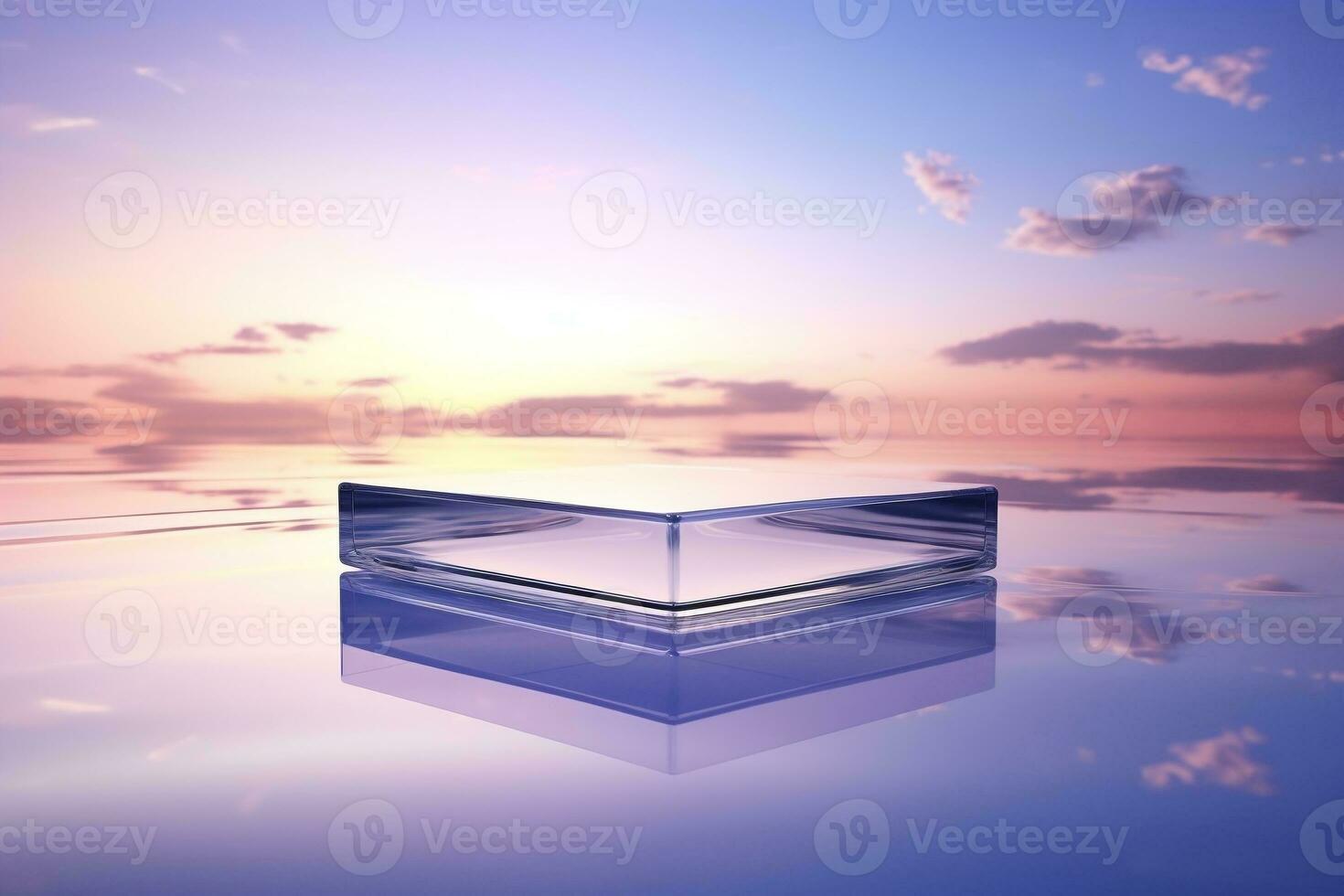 Glass Podium Floating on the Tranquil Surface of Crystal Clear Water, Generative Ai photo