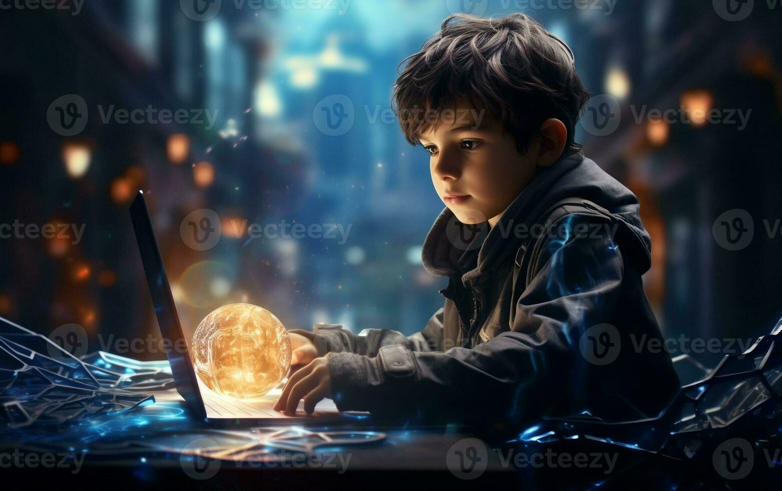 Kid using a laptop on a futuristic background, Generative Ai photo