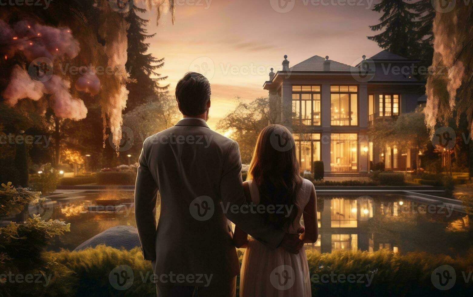Couple with children looking at their new house, Generative Ai photo