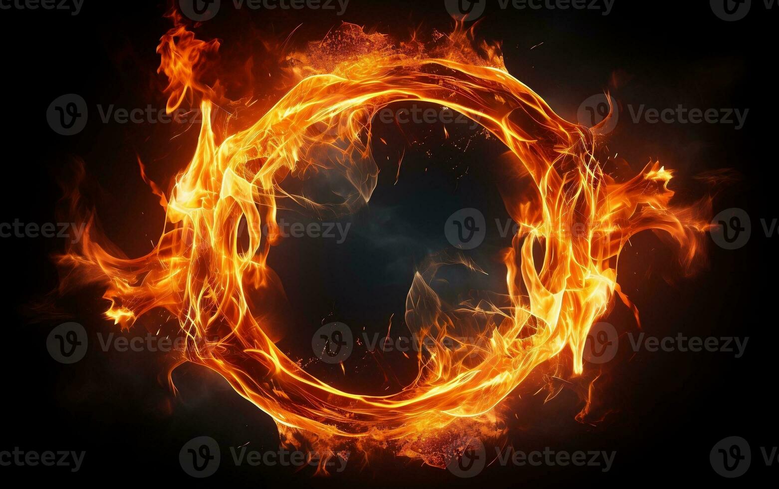 Fire flames in the shape of a circle on a black background, Generative Ai photo