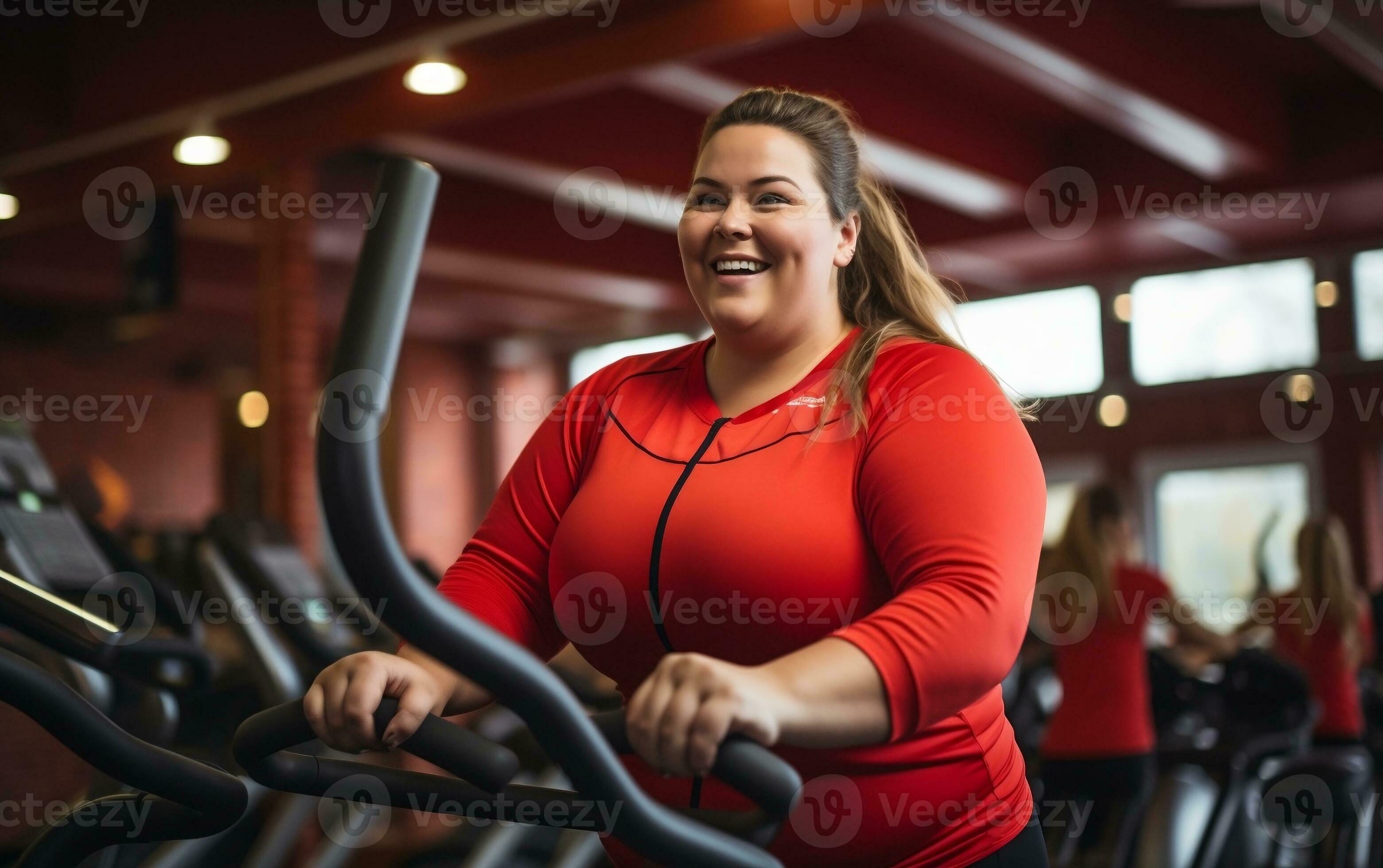 Joyful Plus-Sized Woman in Red Athletic Attire, Generative Ai