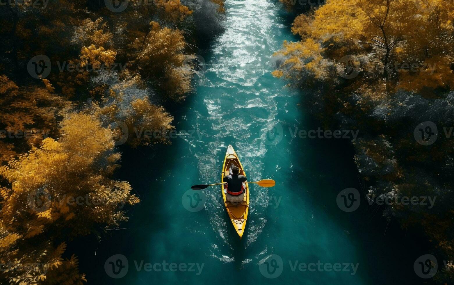 Top Down Drone Perspective Yellow Kayak Adventure, Generative Ai photo