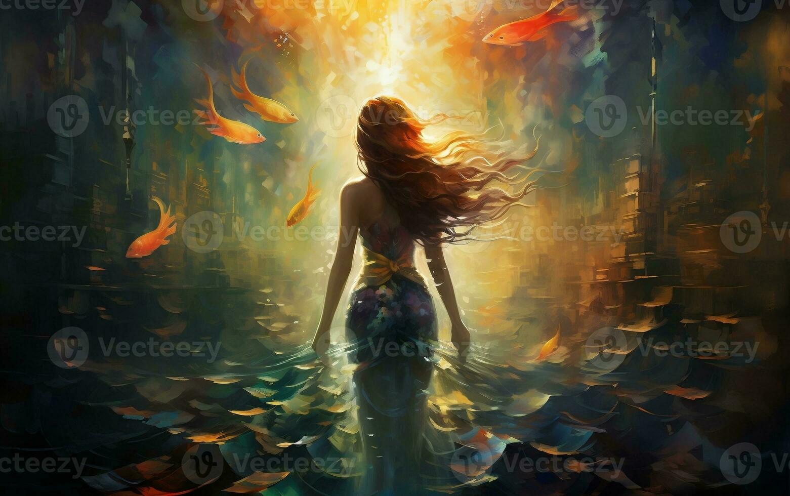 Mermaid Swimming with Fish Tail View from Behind, Generative Ai photo