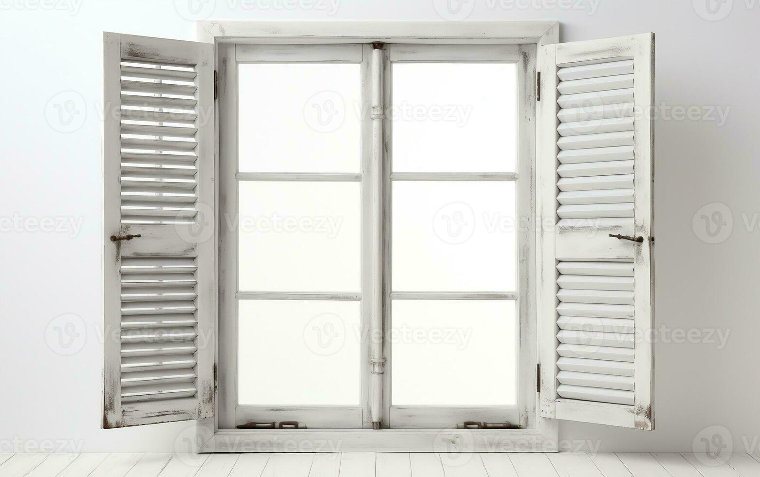 Vintage White Wooden Window with Opened Shutters. Generative Ai photo