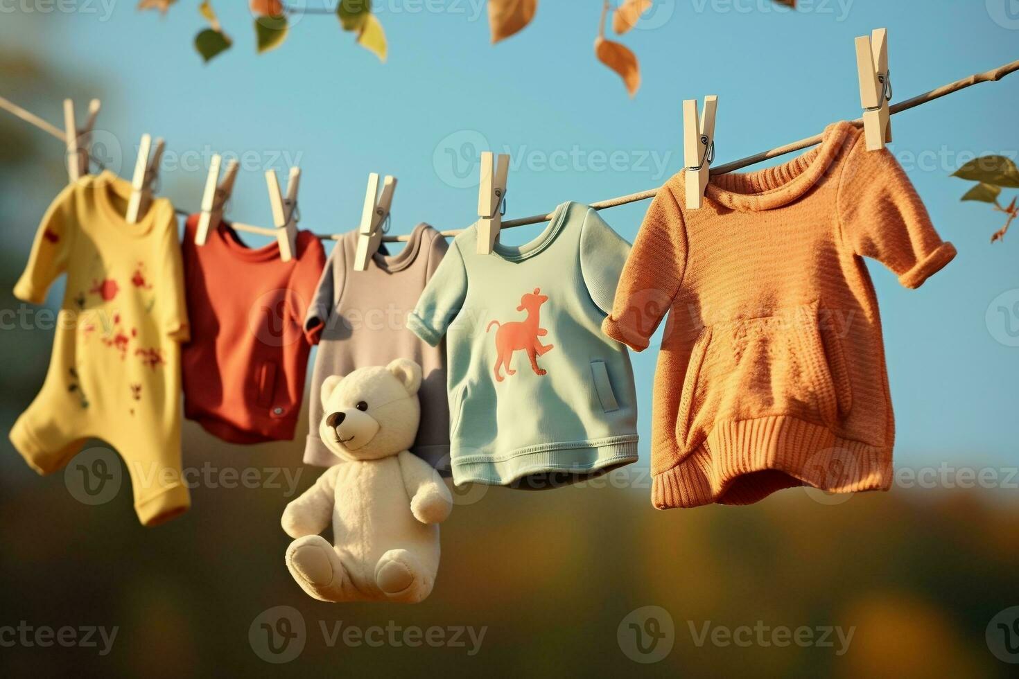 Tiny Wardrobe Baby Clothes Hanging on Clothesline. Generative By Ai. photo
