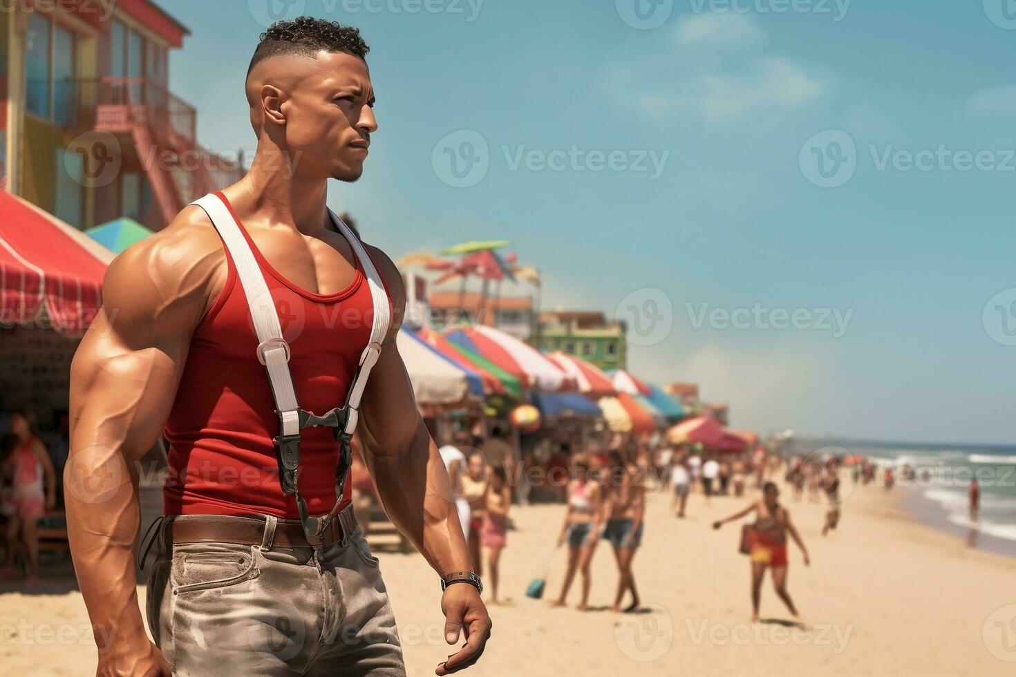 Muscular Man on the Shoreline. Generative By Ai. photo