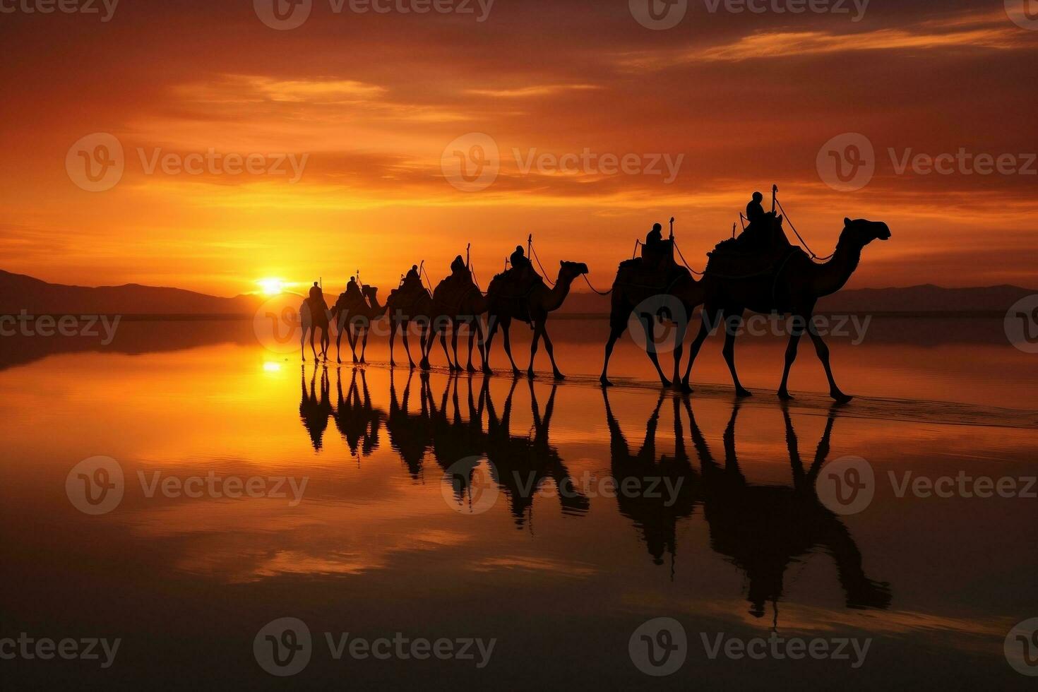 Silhouette of Drover Leading a Caravan of Camels on the Trail. Generative By Ai photo