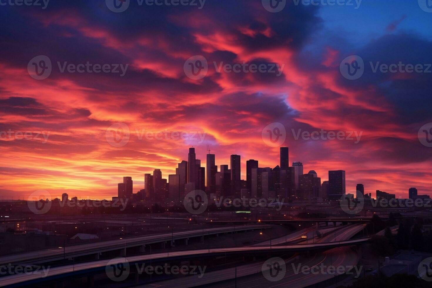 City Skyline at Sunset Downtown. Generative By Ai. photo