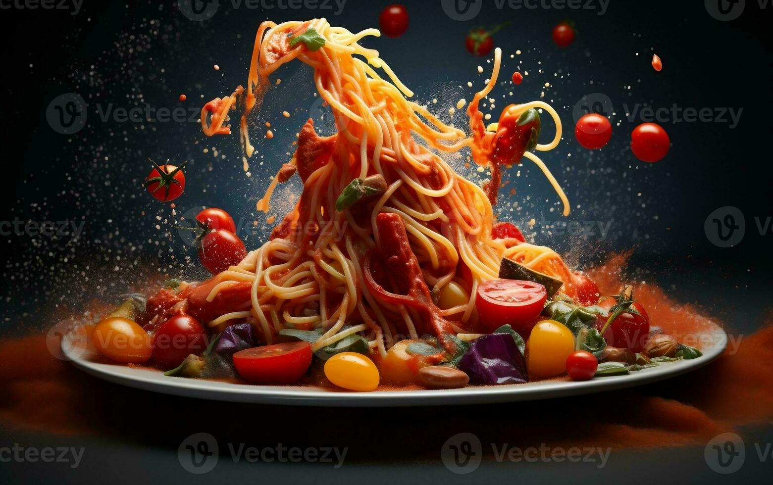 Saucy Spectacle Falling Tomato Sauce on Pasta Plate. Generative By Ai photo