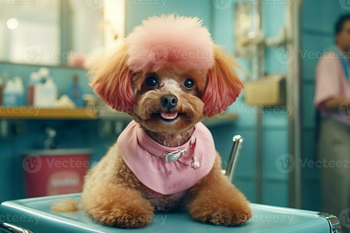 un caniche cómico aseo sesión a el salón. generativo por ai foto