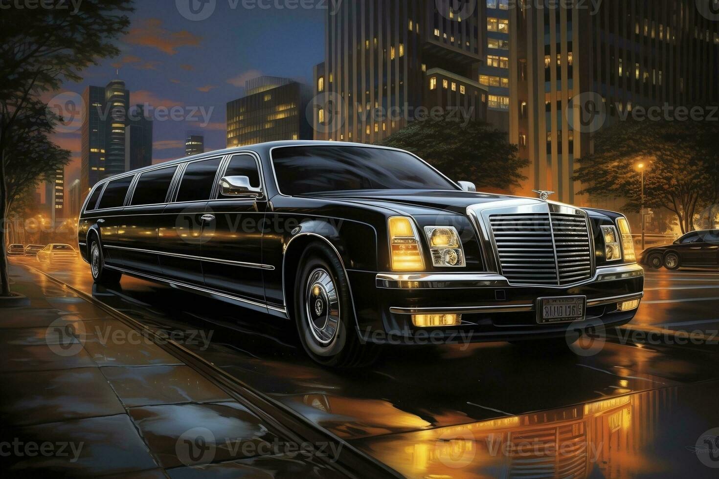 Cityscape Elegance - Limousine Among Tall Buildings at Dusk. Generative by Ai photo