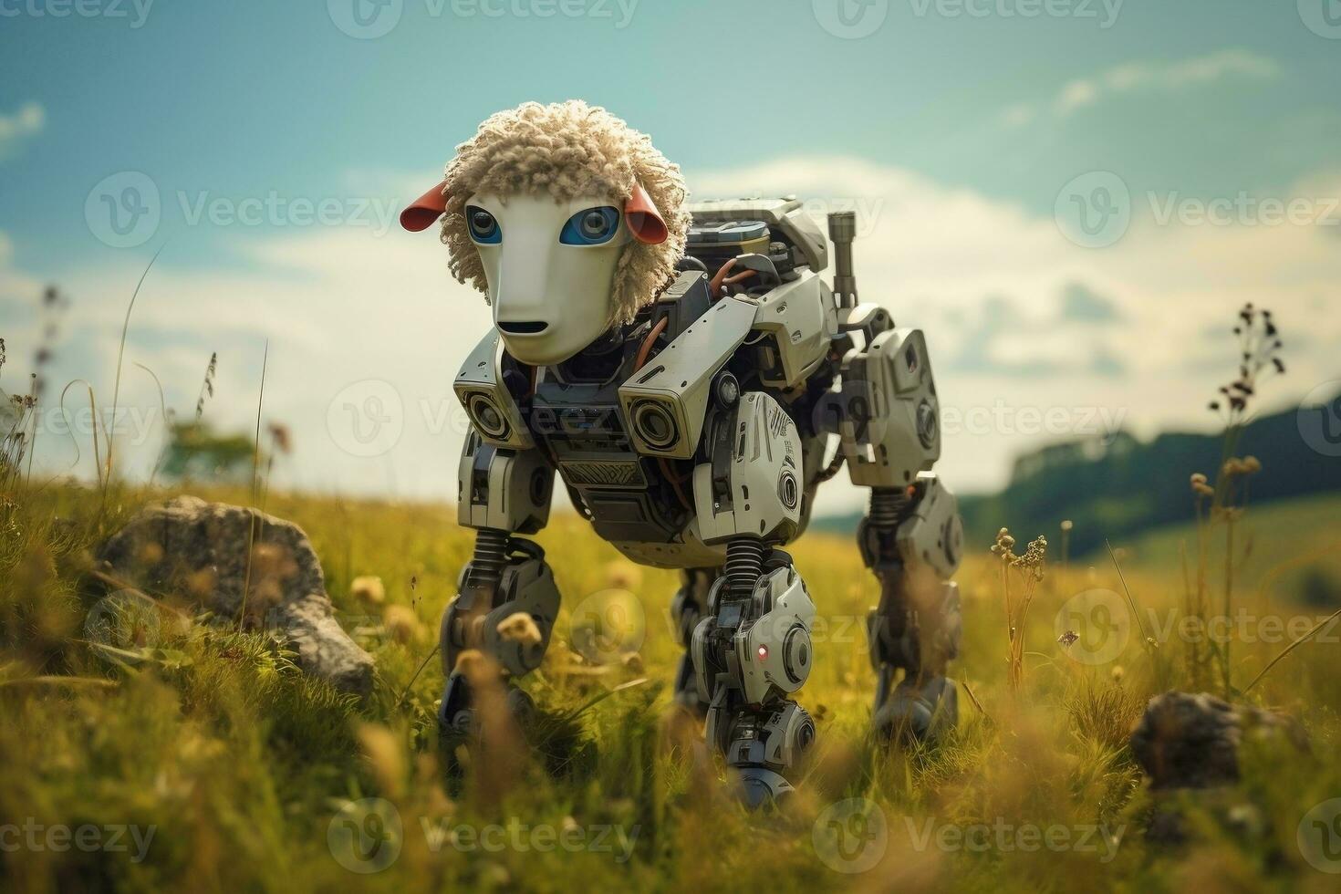 Robotic Wildlife - Exploring Robot Sheep in Natural Habitat. Generative by Ai photo